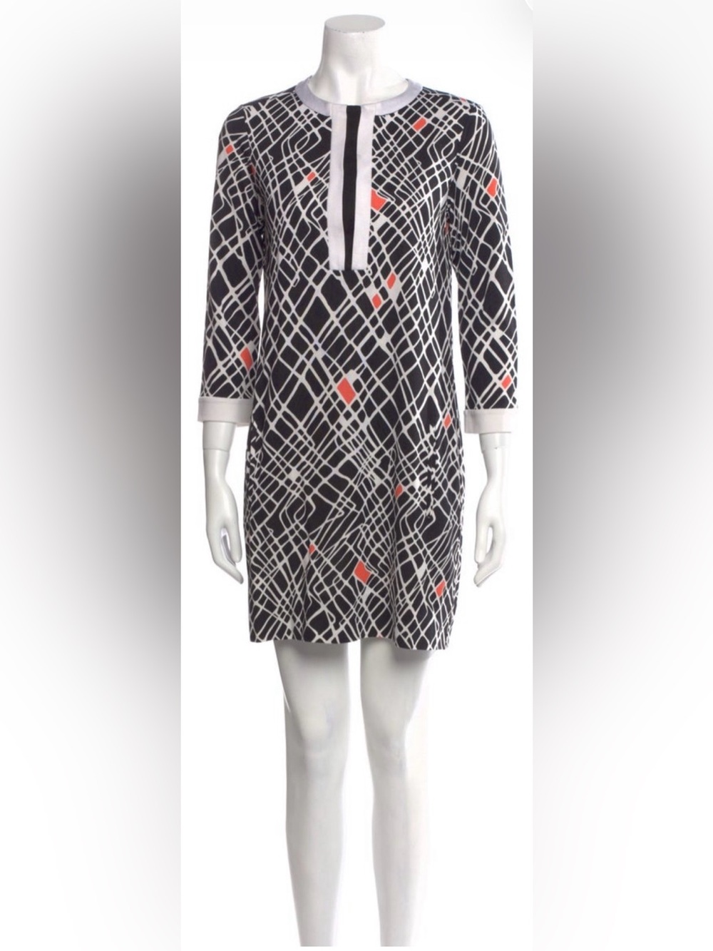 Women's Long Sleeve Black & White Geometric Tunic Dress with Coral Accents
